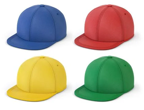 Snap back mock up of different color isolated on white background. Blue, gr.. Stock Illustration