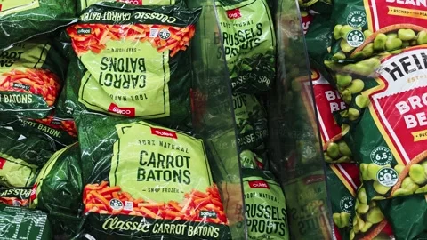 Snap frozen Broad Beans, Brussel Sprouts and Carrots Stock Footage 322045198