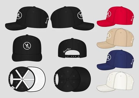Snapback Cap Tech Pack Design with All Side View and Colorways Stock Illustration