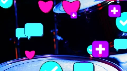 Snare drum centering as drum hit causing heart and play icons filling frame for Stock Footage 333901229