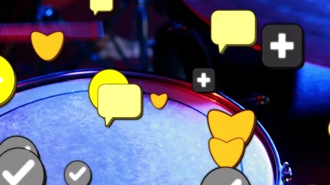 Snare drum head receiving clustered reaction icons after drumstick sweep, Stock Footage 332704825