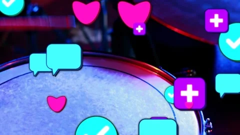 Snare drum sitting under blue lights frame3 spawning hearts play on drum as Stock Footage 331024994