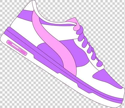 Sneaker is floating in flat design with purple panels and pink stripe on Stock Illustration