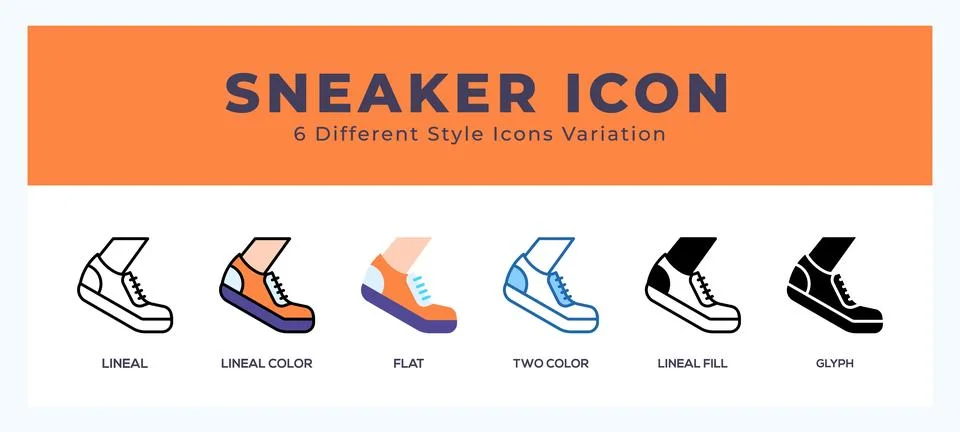 Sneaker icon set with different styles. Design elements for logo. Vector il.. Illustrazione stock