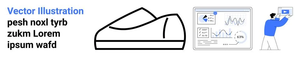 Sneaker outline, data analysis dashboard with graphs, person interacting with Stock Illustration