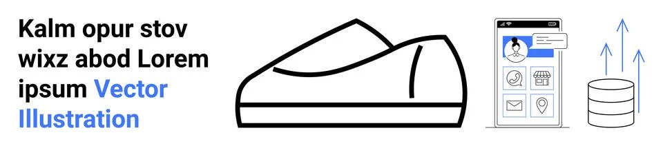 Sneaker outline, mobile interface with user icon, database icon with upward a イラスト素材