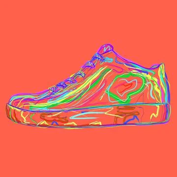 Sneaker painted in grunge style with multi-colored brushes. Side view. Vector Stock Illustration