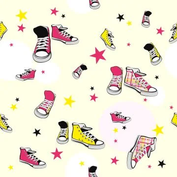 Sneakers seamless vector pattern. Bright shoes stars illustration. Hipster girl Stock Illustration