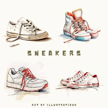 Sneakers set. Hand drawn vector illustration. Vintage style. 스톡 일러스트