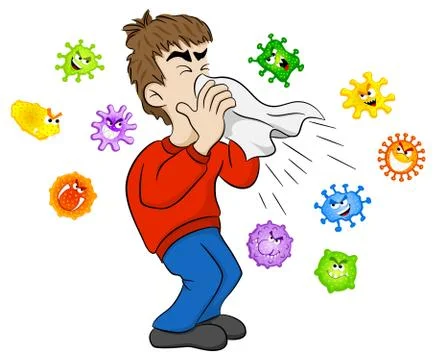 Sneezing man with germs Stock Illustration