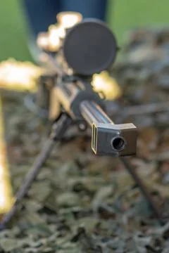 A sniper rifle with an optical sight is mounted on bipods and lies on a Foto stock
