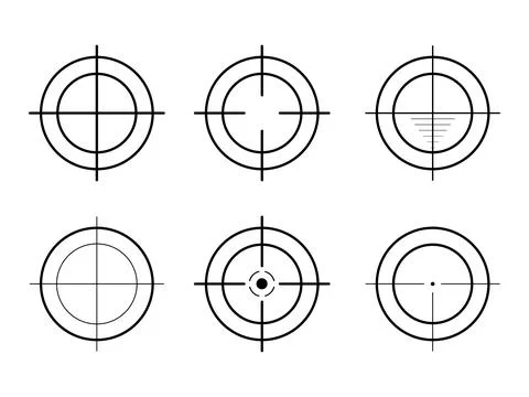 Sniper rifle scope. Weapon aim. Set of targets and destination. Focus icons.  Illustrazione stock