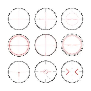Sniper rifle scope. Weapon aim. Set of targets and destination. Focus icons.  Illustrazione stock