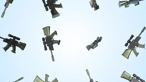 Sniper Rifles Falling on a Light Background. Military Weapons 3D. Gun Fire. 4K Stock Footage 293065949