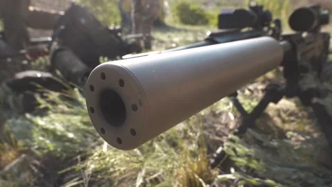 Sniper weapon with silencer in the field Vídeos de archivo 243482856