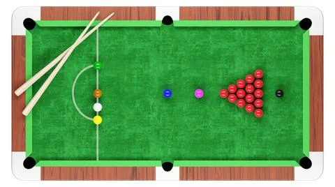 Snooker pool table and billiards ball arrangement with cue . Top orthographic イラスト素材