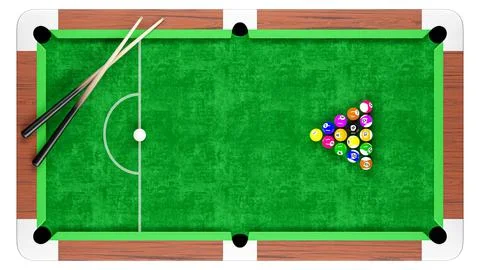 Snooker pool table and billiards ball arrangement with cue . Top orthographic イラスト素材