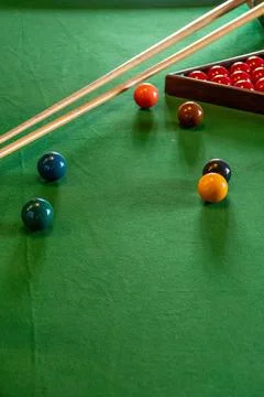 Snooker Table With Cues and Colored Balls Stock Photos