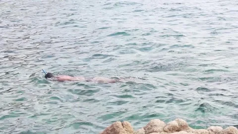 Snorkeler Exploring Clear Ocean Waters with Rocky Foreground Elements Video stock 305147145