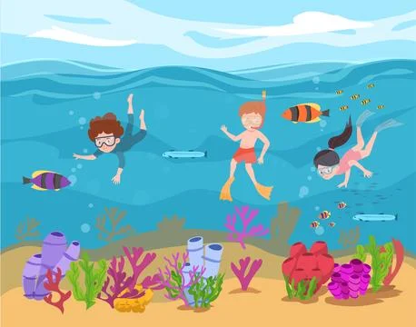 Snorkeling activity, vector children in diving mask swimming in sea observing Illustrazione stock
