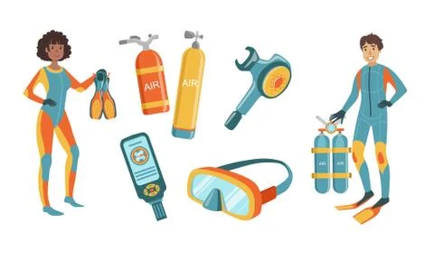 Snorkeling and Scuba Diving Elements Set, Scuba Diver Man and Woman Characters Stockillustratie