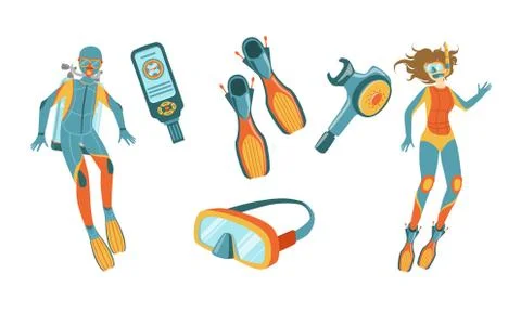 Snorkeling and Scuba Diving Elements Set, Scuba Diver Man and Woman Characters イラスト素材