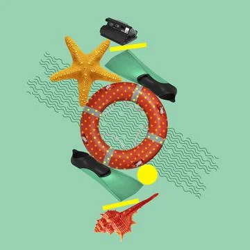 Snorkeling, diving. Creative static composition with flippers, swimming circle Stock Photos