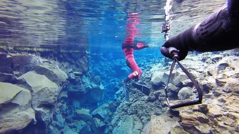 Snorkeling Silfra Fissure between the tectonic plates of North America and Stock-Footage