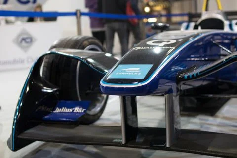 Snout of a Formula E car shown during Makerfaire Rome 2017. Formula E in Rome Stock Photos