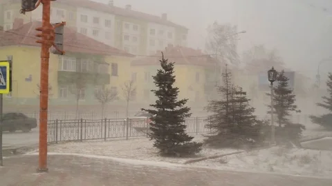 Snow and wind in the city in the spring afternoon on the background of houses an Stock Footage 108849634