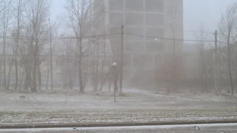 Snow and wind in the city in the spring afternoon on the background of houses an Stock Footage 111499619