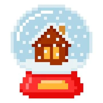 Snow ball with house inside vector pixel art icon, cartoon 8 bit retro video Stock Illustration