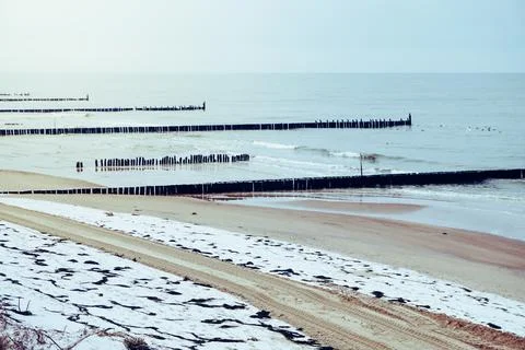 Snow on a beach - winter time Stock-Fotos