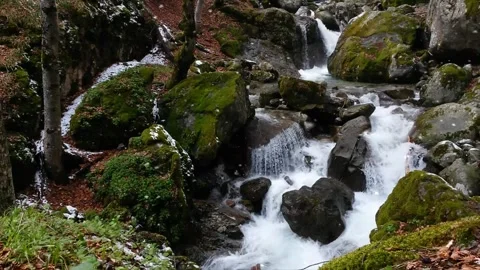 Snow Begins to Fall on River Flowing Through Green Rocks Stock Footage 325329165