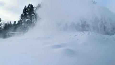 Snow blower in action during a winter day, clearing large piles of snow in .. Stock Footage 287073625