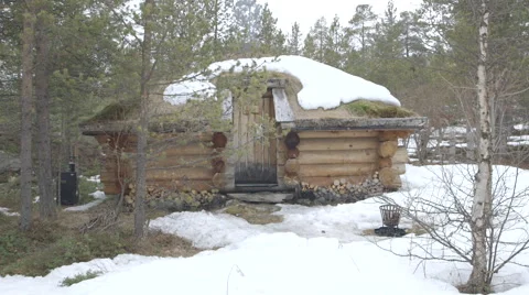 Snow cabin in the woods Stock Footage 46588643