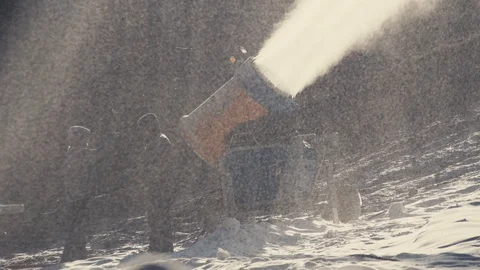 The snow cannon makes artificial snow on the slope of the mountain ski resort 스톡 동영상 97797306