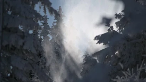 A snow cannon makes artificial snow against a forest backdrop. Vídeo Stock 336003704