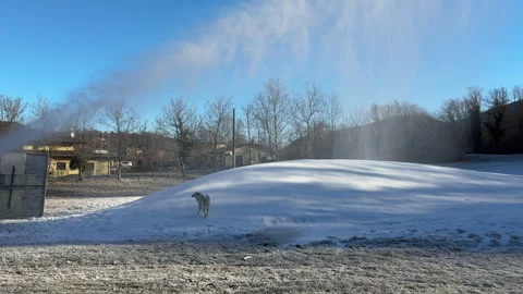 The snow cannon is producing artificial snow for the ski slopes. Stock Footage 296346600