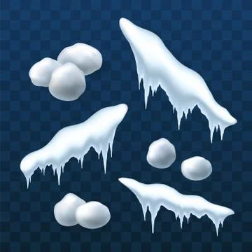 Snow cap ice set. Winter design snowy icicle roof. White blue snow ball templ Stock Illustration