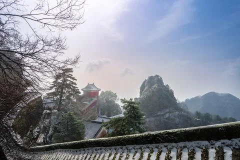 The snow-capped ancient architectural complex of Wudang Mountain. Stock Photos