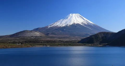 Snow capped Mount Fuji seen from Lake Motosu on a clear winter day Stock Footage 337451299