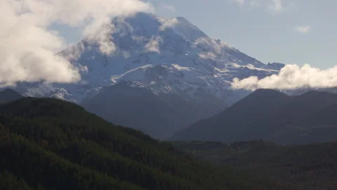 Snow-Capped Mount Rainier with Cloudy Sky Stock Footage 289115014