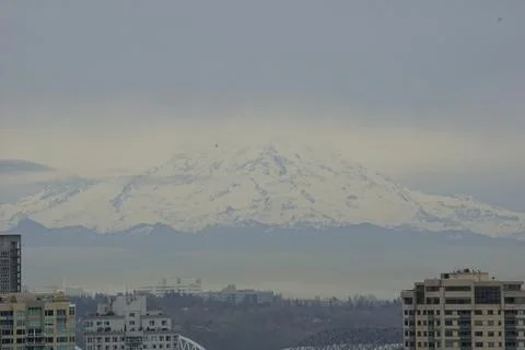 Snow-capped Mount Rainier towering behind the Seattle skyline in Washington Stock Photos
