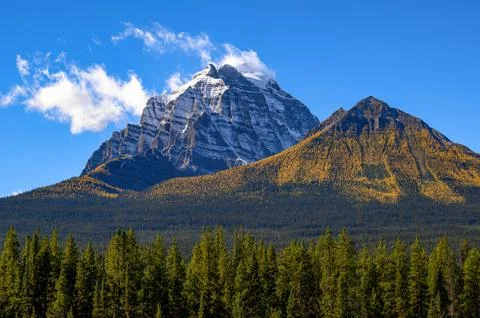 Snow-capped Mount Temple from Bow Valley Pkwy in Banff National Park, Canada Foto stock