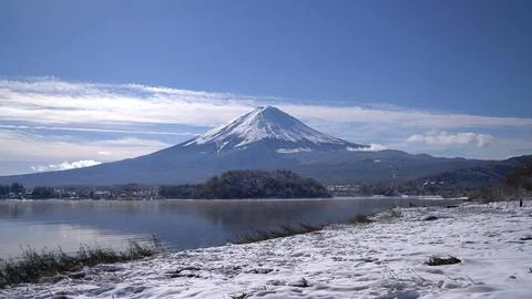 Snow-capped mountain with cloudy sky and rocky foreground Stock Photos