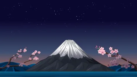 Snow Capped Mountain Peak with Cherry Blossoms Under Starry Night Sky Stockillustratie