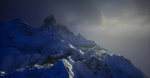 Snow capped mountain peak under twilight sky with dramatic lighting Stock Illustration