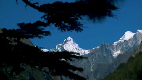Snow Capped Mountain Peaks Behind a Dense Forest Video 4K. Stock Footage 325763554