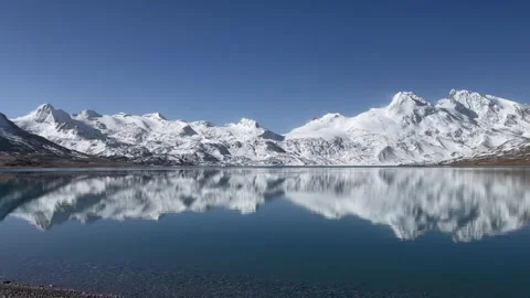 Snow Capped Mountain Peaks Reflection in Blue Lake 库存影片 333018982